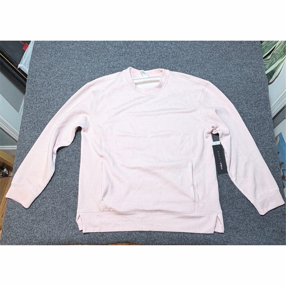 Yogalicious Sweatshirt Womens M Pink Ribbed Crewneck Pullover Pockets - Picture 1 of 7